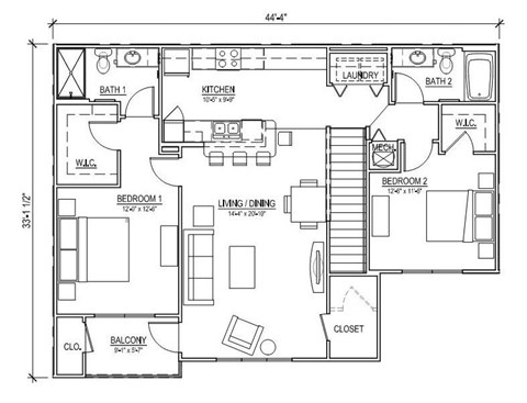 Floor plan for 2 beds, 2 baths, 1299 sqft